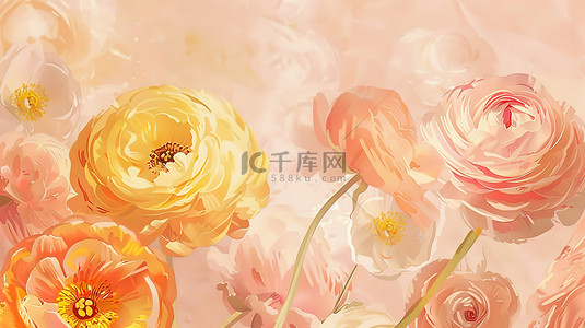 柔和粉红色和黄色的花朵毛茛背景图