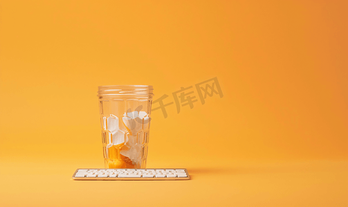 橙色桌面背景摄影照片_橙色背景中桶中罐子玻璃中的键盘按钮