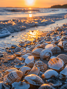 轻松有趣摄影照片_丹麦海滩上的日落前景中的贝壳在海岸上散步