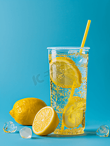 酷酷眼镜摄影照片_带吸管的塑料杯中的冰柠檬苏打水