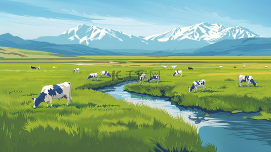 草地小溪奶牛合成创意素材背景
