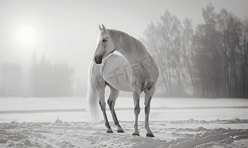在冬天早晨黑白的白马