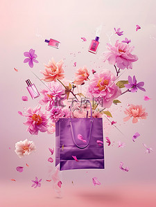 和鲜花背景图片_紫色的大购物袋和鲜花背景
