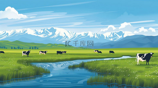 草地小溪奶牛合成创意素材背景
