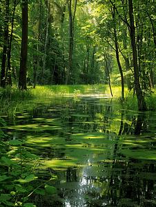 森林中的沼泽杂草丛生的池塘夏天的绿水