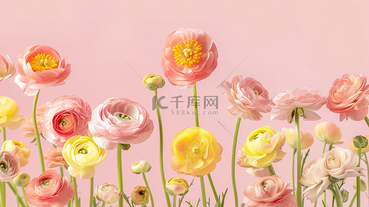柔和粉红色和黄色的花朵毛茛背景图片