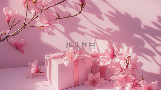 鲜花和礼物盒粉色背景