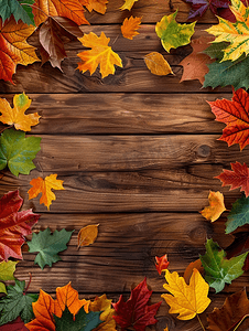 九月十日摄影照片_棕色木质背景上的彩色叶子