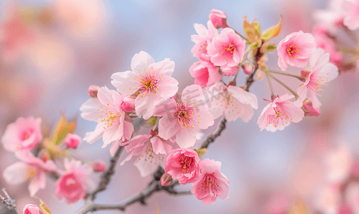 日本的樱花摄影照片_天空下的樱花枝粉红色的植物花人造木细节