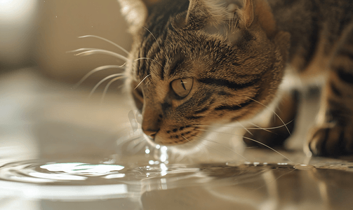 虎虎生威卡通摄影照片_棕色虎斑猫在地板上喝水