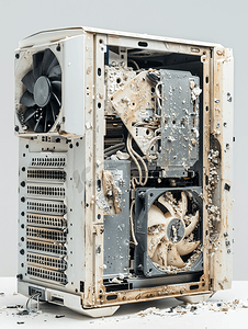 旧的、布满灰尘的、肮脏的、破损的电脑冷却器孤立在白色