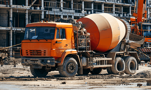 大型设备摄影照片_大型工业建筑工地的大型强力卡车混凝土搅拌机
