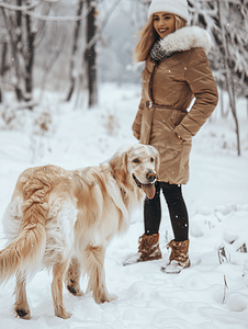 散步摄影照片_冬天在公园里的狗在雪地里与宠物一起散步白色的狗皮毛