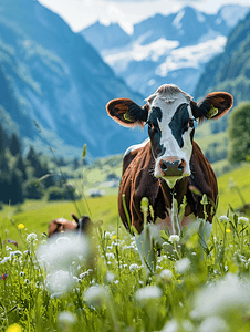 养殖树木摄影照片_瑞士阿尔卑斯山草地上的奶牛