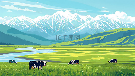 奶牛走路背景图片_草地小溪奶牛合成创意素材背景
