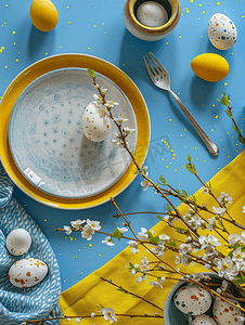 复活节餐桌布置盘子里有鸡蛋供应节日早餐或午餐平躺