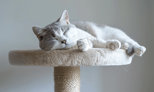 灰白猫躺在猫树顶上睡觉