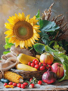 静物画与蔬菜水果向日葵和玉米穗自然图片