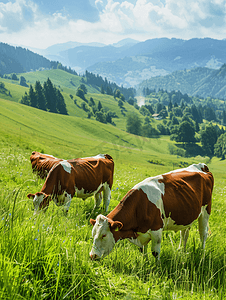 瑞士的奶牛在吃草