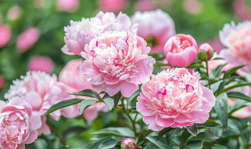 粉红kt板摄影照片_粉红牡丹花在花园里关闭开花灌木