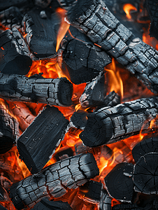 壁炉里的灰煤和燃烧的木柴