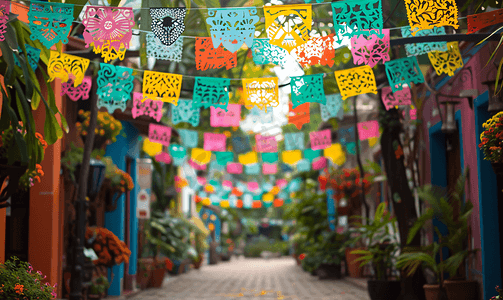 黄色旗帜摄影照片_墨西哥街头在亡灵节用纸做装饰