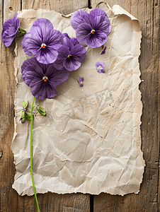 质朴木质背景上的旧纸上的纸心和紫罗兰花