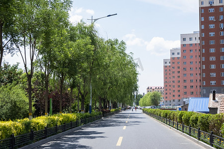 城镇阳光通透的马路场景