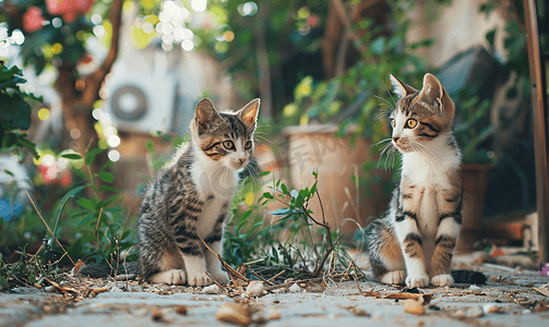 小猫和猫在房子的院子里小猫在夏天猫家庭宠物在街上