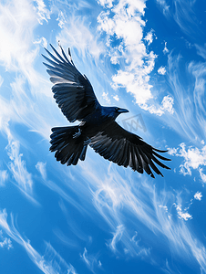 云可爱摄影照片_天空中的鸟乌鸦飞翔云背景下鸟的飞行动物生命