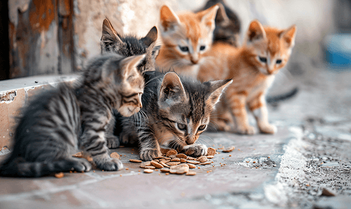 流浪小猫吃食物房子附近有很多猫