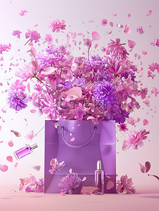 紫色的大购物袋和鲜花背景图片