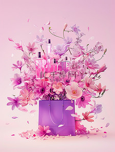 立体大图背景图片_紫色的大购物袋和鲜花背景图