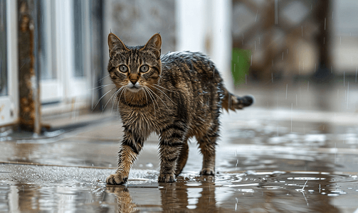 棕色虎斑猫站在湿地板上看着相机