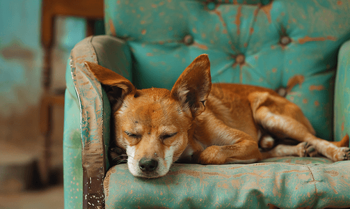 累了摄影照片_狗睡在椅子上流浪狗在收容所宠物休息