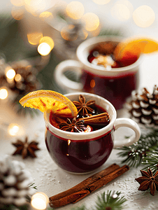 圣诞热酒配橙子和香料圣诞装饰品散景
