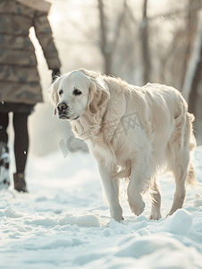 雪地里散步摄影照片_冬天在公园里的狗在雪地里与宠物一起散步白色的狗皮毛