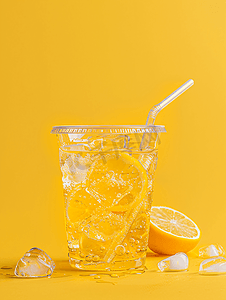 带吸管的塑料杯中的冰柠檬苏打水