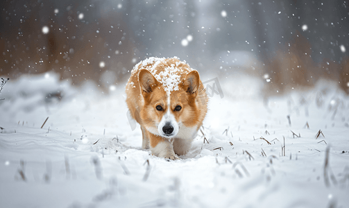 冬天柯基犬在雪地里行走