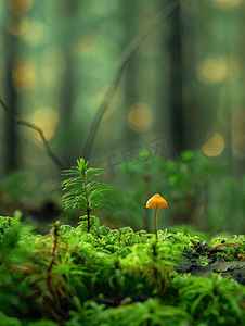 膳食宝塔模型摄影照片_生长在苔藓和针叶之间的森林地面上的年轻冠毛暗示自然