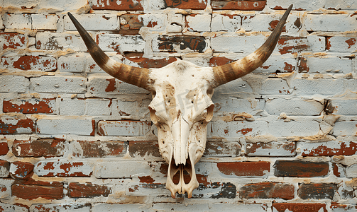 悬挂动物摄影照片_垂悬在砖墙上的牛头骨