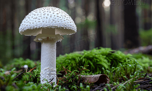 单独站立在森林地面苔藓松树上的白色蘑菇