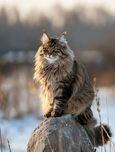 一只美丽的西伯利亚猫坐在石头上