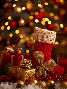 灯光金色背景摄影照片_圣诞红色和金色背景配有球弓、圣诞袜和礼物