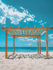保护房子摄影照片_木制海滩天篷自然光在天空的衬托下享受日光浴的木质水平