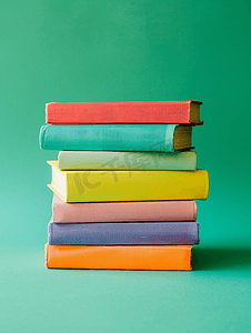 一堆彩色精装书打开绿色背景的书