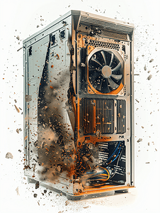 国潮海报案例分析摄影照片_旧的、布满灰尘的、肮脏的、破损的电脑冷却器孤立在白色
