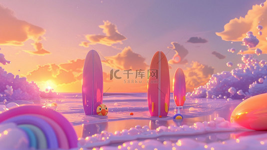 直播冲浪板背景图片_海滩夕阳冲浪板合成创意素材背景