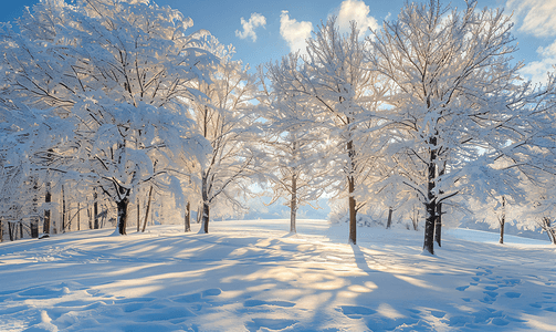 冬日早晨树林和城镇中的雪橡树