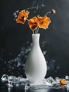 白色花瓶冰中橙色花朵反射黑色背景隔离